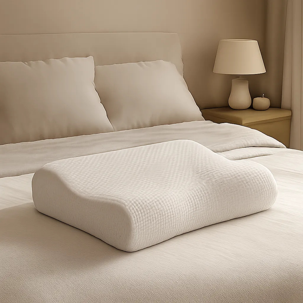 Mise en scène premium d’un oreiller cervical dans une chambre apaisante. L’image évoque le soutien de la nuque, le confort de nuit et une récupération plus stable.